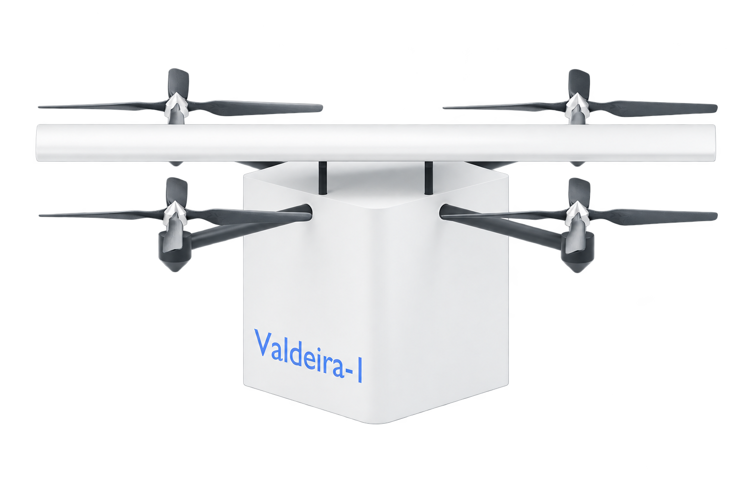 Front render of Valdeira-1 showing its wing, four rotors and central cargo compartment